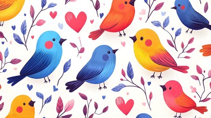 Adorable cartoon birds with exaggerated features, interwoven with hearts and leafy vines, creating a fun, colorful pattern on white