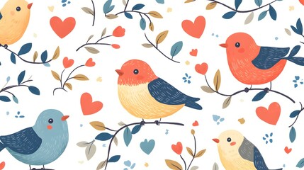 Adorable cartoon birds with exaggerated features, interwoven with hearts and leafy vines, creating a fun, colorful pattern on white