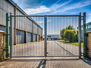 large metal gate opens into spacious factory yard, surrounded by industrial buildings and greenery. clear blue sky adds to inviting atmosphere of this industrial setting