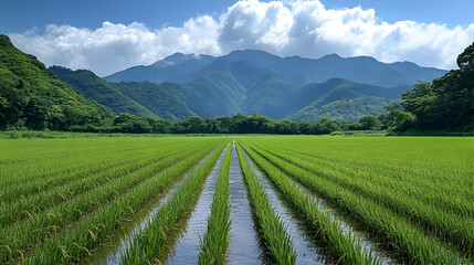 Rice Paddy Field With Mountain View: Tranquil Nature Scene