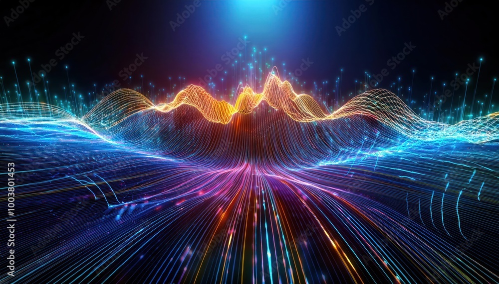 Poster cyber big data flow. blockchain data fields. network line connect stream. concept of ai tech