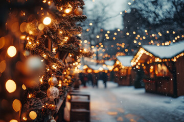 Festive holiday market adorned with lights and snowfall in a winter wonderland atmosphere
