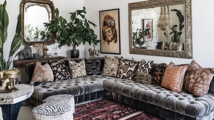 An inviting living room with a plush velvet sofa
