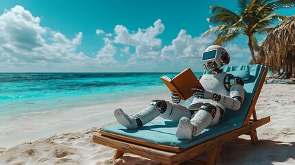 Robot Relaxing and Reading on Beach Lounge Chair