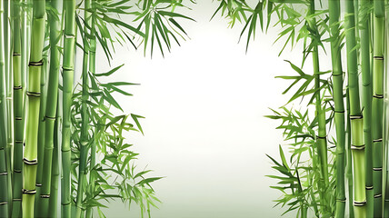 Bamboo background. Realistic framing banner with place for text. Green segmented trunk and narrow leaves. Floral borders and copy space. Natural
