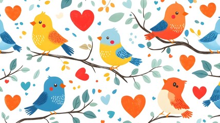 Bright cartoon birds with quirky expressions, nestled among colorful hearts and leafy branches, forming a fun, lighthearted pattern on white