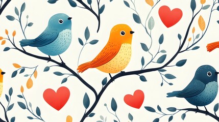 Bright cartoon birds with quirky expressions, nestled among colorful hearts and leafy branches, forming a fun, lighthearted pattern on white