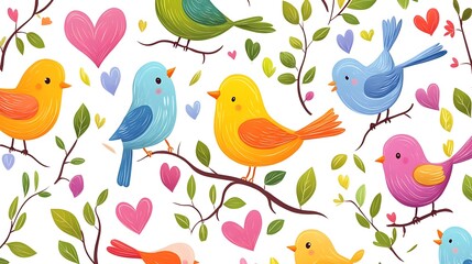 Fototapeta premium Bright cartoon birds with quirky expressions, nestled among colorful hearts and leafy branches, forming a fun, lighthearted pattern on white
