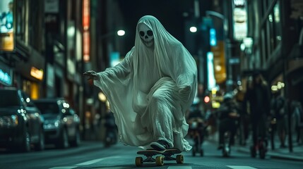 Ghostly figure skateboarding through a busy city street at night