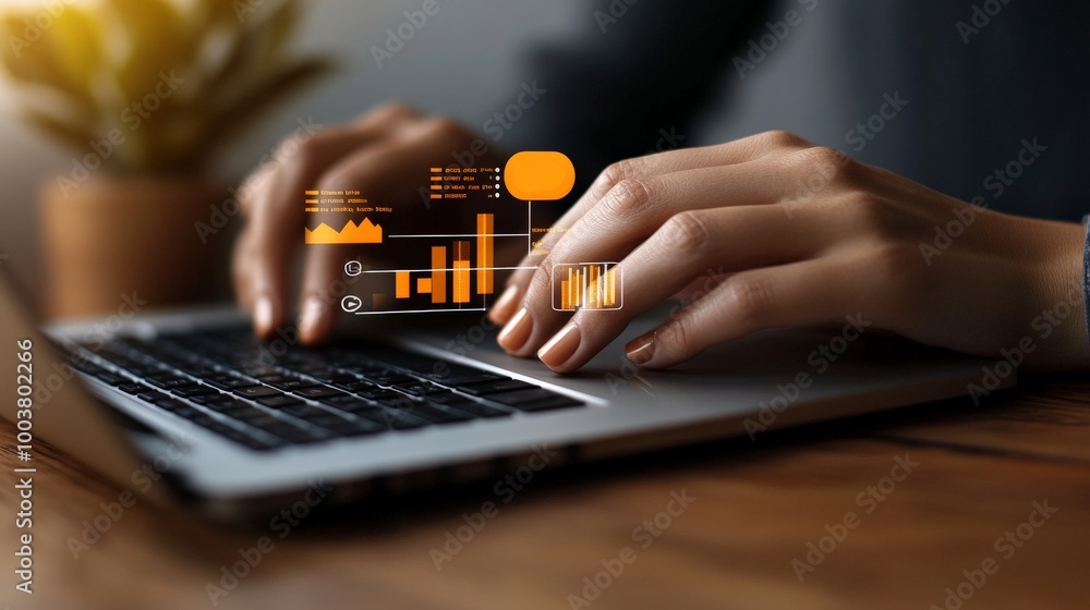 Poster data driven decisions: a close-up shot of a professional's hands navigating a laptop with a dynamic,
