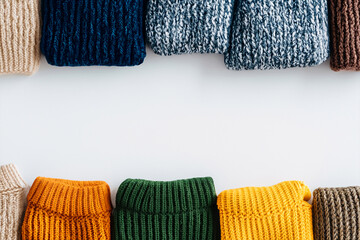 Verschiedene Strickwaren als Rand auf einem Flatlay	
