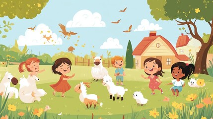 Obraz premium Children playing joyfully with cute farm animals in a sunny, vibrant countryside setting during a cheerful spring day