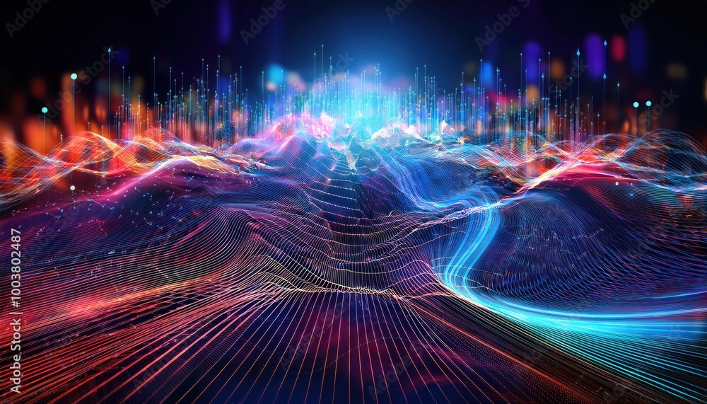 Poster cyber big data flow. blockchain data fields. network line connect stream. concept of ai tech