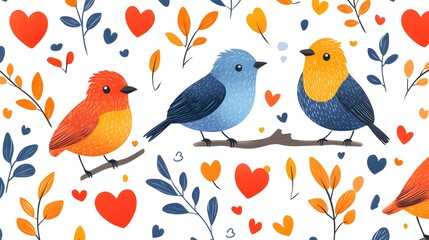 Obraz premium Charming cartoon birds with hearts and leaves in a colorful pattern, white background, dynamic and lively composition