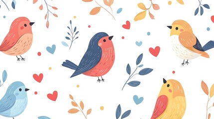 Charming cartoon birds with hearts and leaves in a colorful pattern, white background, dynamic and lively composition