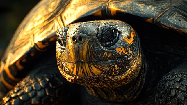 Close-Up of a Turtle's Head, Black and Gold Shell Patterns
