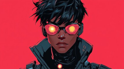 Futuristic character with glowing glasses in vibrant red background