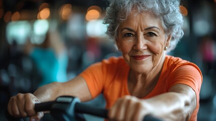 Obraz premium Close-up of a cheerful senior woman working out on an exercise bike, geometric squares and a busy gym background, exuding positivity and health