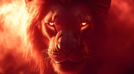 Close-up of a lion's face framed by ethereal red smoke, fur detailed in sharp contrast, regal and fierce expression in a fiery atmosphere