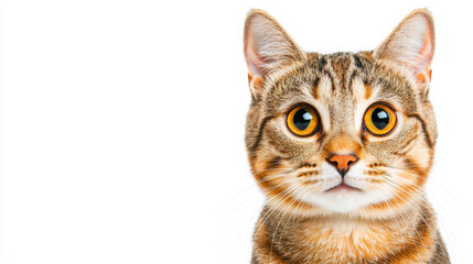 Obraz premium Curious tabby cat with striking yellow eyes looking directly at the camera on a white background