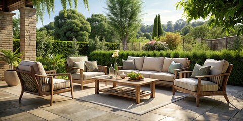 An exquisitely designed patio furniture set nestled in a picturesque outdoor area, adorned with lush greenery and