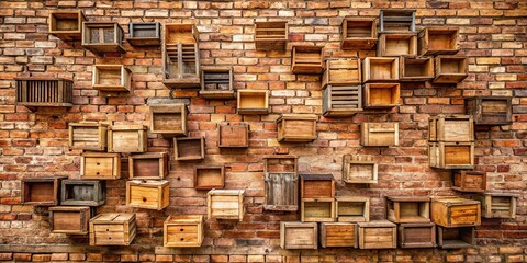 Fototapeta premium A brick wall adorned with a curated collection of wooden crates, each with its own unique patina and history, creating a visual tapestry of rustic charm.