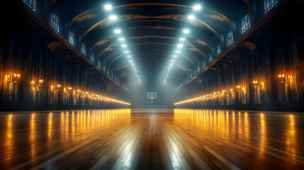 Basketball Court in a Grand Hall with Glowing Lights