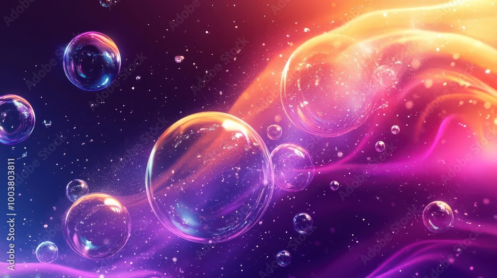 Poster colorful bubbles floating in a vibrant, abstract background of swirling light and color, creating a 