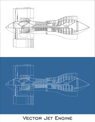 Side view Jet Engine technical drawing blueprints. plane mahchine isolated in transparent background
