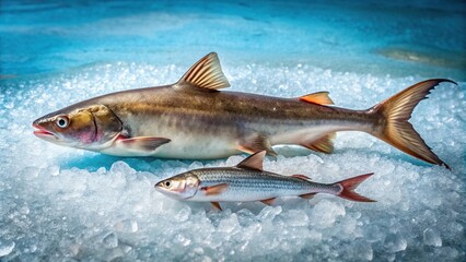 Iridescent shark and Sutchi catfish also known as the striped catfish displayed on ice in a medium shot, Sutchi catfish, display, cuisine, underwater, fishing, meal,Iridescent shark