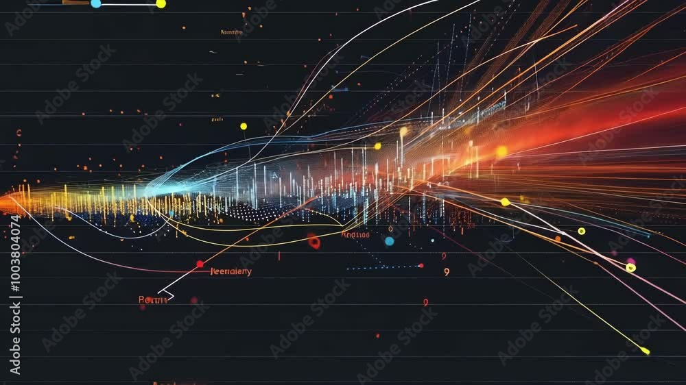 Poster complex network data visualized as colorful particles flowing on black background, representing big 