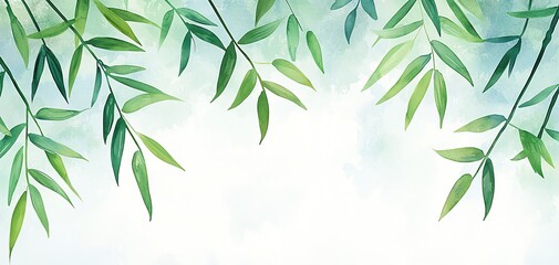 Fototapeta premium Delicate bamboo leaves framed against a soft, light background, creating a serene and tranquil atmosphere.