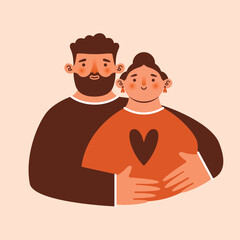 Obraz premium Couple of lovers, persons are standing, hugging, posing together. Hand drawn cartoon characters of man and woman. Togetherness, friendship, love concept. Naive kawaii illustration to National Hug Day.