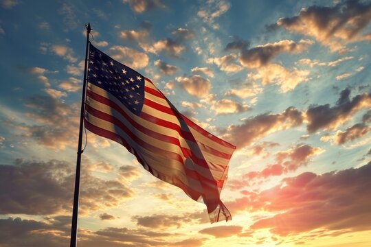 Honoring Our Veterans: National POW MIA Recognition Day. 3D Illustration of USA Flag Silhouette against a Sunset Sky. - Powered by Adobe