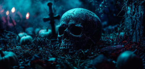 A haunting skull surrounded by pumpkins and candles in a dark, eerie graveyard setting