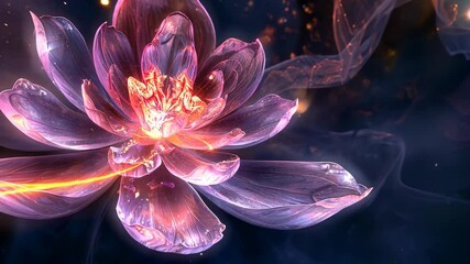 A glowing pink lotus flower floats in the dark with a fiery glow at its center