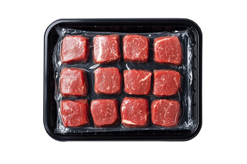 Supermarket Black Plastic Tray with Raw Tenderloin Isolated on Transparent Background