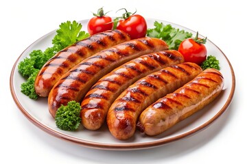 Grilled sausage BBQ on a plate isolated on a white background silhouette, dinner, appetizer, food, silhouette, meat, delicious, isolated, barbeque, barbeque sausage, BBQ, summer, plate