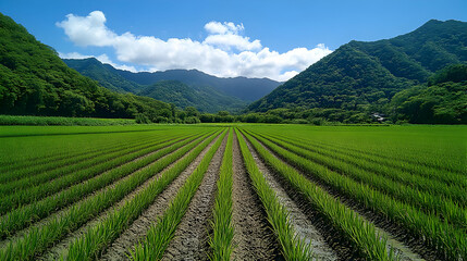 Naklejka premium Green Rice Paddies Surrounded by Lush Mountains
