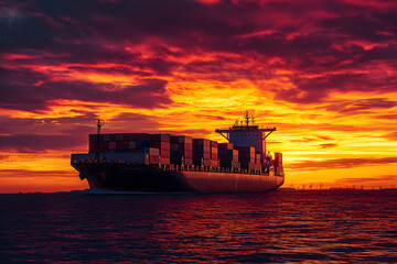 As the sun sets, the cargo ship appears as a dark silhouette against the horizon, the containers outlined in golden light