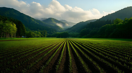 Rows of Green Plants Growing in a Field with Mountains in the Background