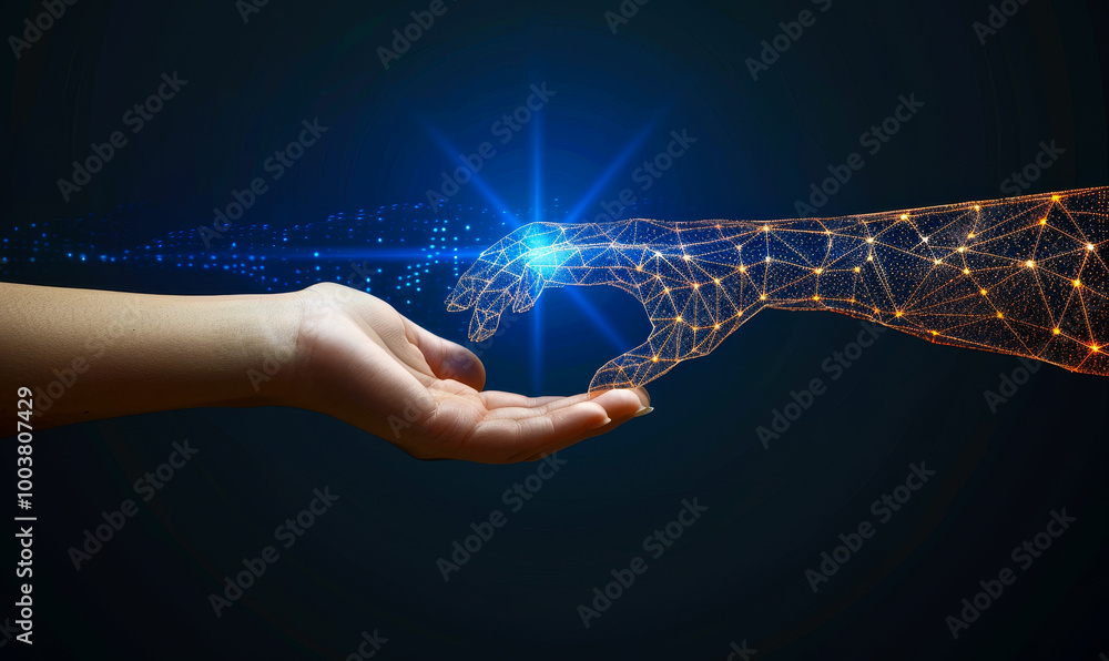 Aufkleber human and ai connection: futuristic interaction between human hand and digital ai technology in a da