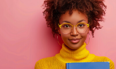 Cheerful Young Woman in Yellow Sweater Holding Copybook, Staying Positive in Bright Pink Background, Looking Confident and Stylish, Eyewear and Study Concept