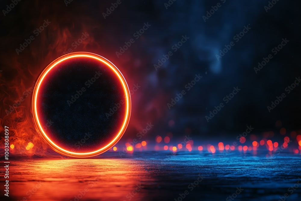 Poster illuminated circular neon frame on a dark background, creating a dramatic and captivating ambiance.