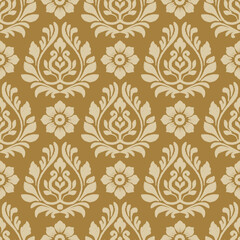 Seamless floral damask pattern in cream and brown tones, featuring elegant traditional motifs. Perfect for textile design, wallpaper, wrapping paper, and home decor.