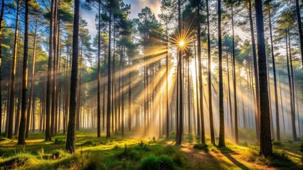 Fototapeta premium misty, shadows, landscape, outdoor, serene, filtering, tranquil, haze, Misty sunlight gently filters through a dense pine forest creating a mesmerizing play of light and shadows