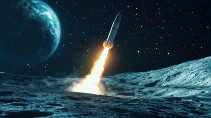 Naklejka premium A rocket launching from the moon's surface into space, showcasing exploration and technology.
