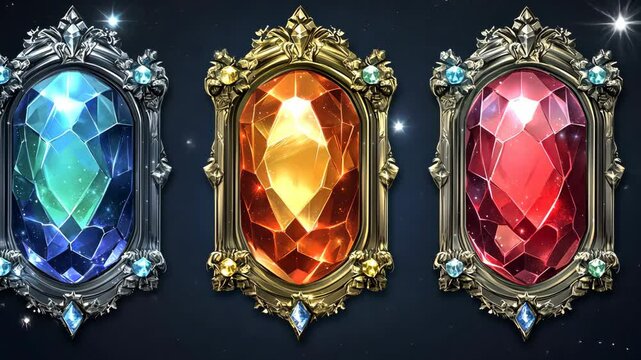 Three ornate frames hold colorful gems against a dark background