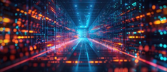 Obraz premium Abstract digital tunnel with glowing lights and colorful patterns.