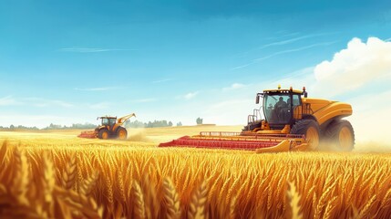 Fototapeta premium Combine harvester cutting through a golden wheat field, with a tractor following, representing efficient farming